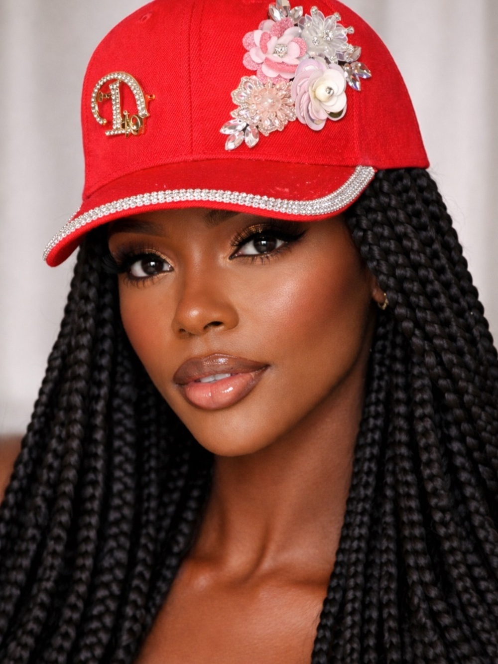 Rhinestone Floral Red Ball Cap